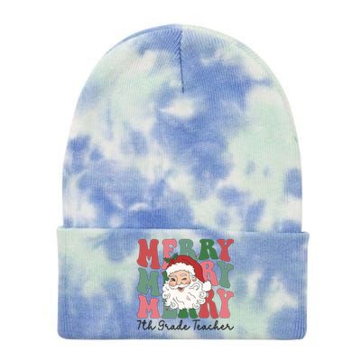 Merry 7th Grade Teacher Retro Groovy Santa Face Christmas Funny Gift Tie Dye 12in Knit Beanie