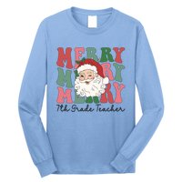 Merry 7th Grade Teacher Retro Groovy Santa Face Christmas Funny Gift Long Sleeve Shirt