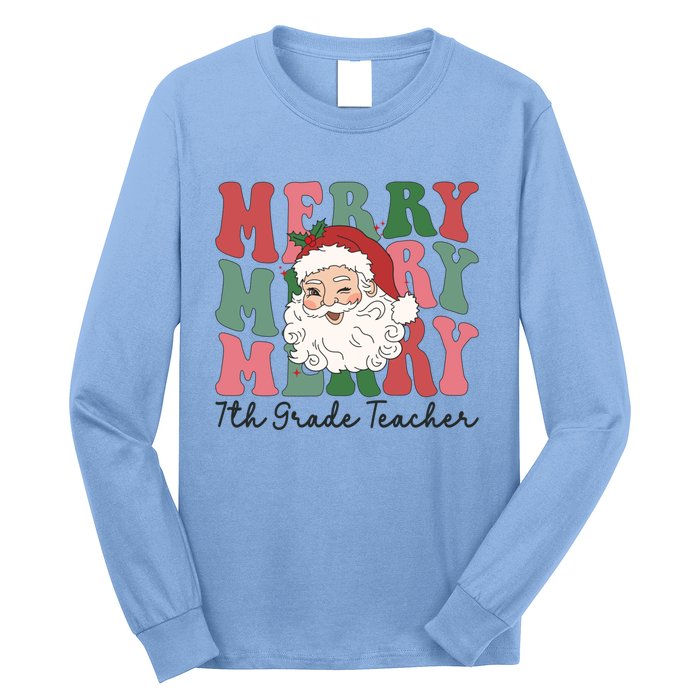 Merry 7th Grade Teacher Retro Groovy Santa Face Christmas Funny Gift Long Sleeve Shirt