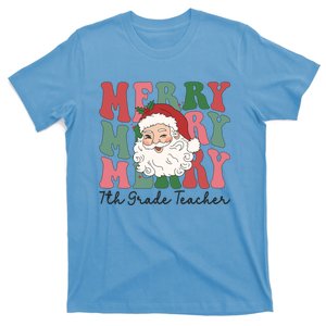 Merry 7th Grade Teacher Retro Groovy Santa Face Christmas Funny Gift T-Shirt