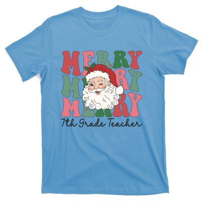 Merry 7th Grade Teacher Retro Groovy Santa Face Christmas Funny Gift T-Shirt