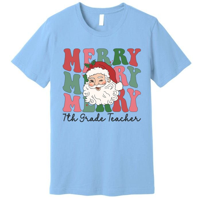 Merry 7th Grade Teacher Retro Groovy Santa Face Christmas Funny Gift Premium T-Shirt