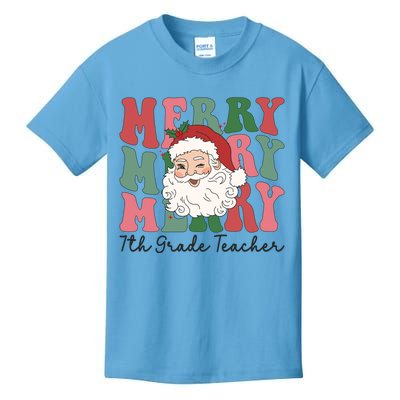 Merry 7th Grade Teacher Retro Groovy Santa Face Christmas Funny Gift Kids T-Shirt