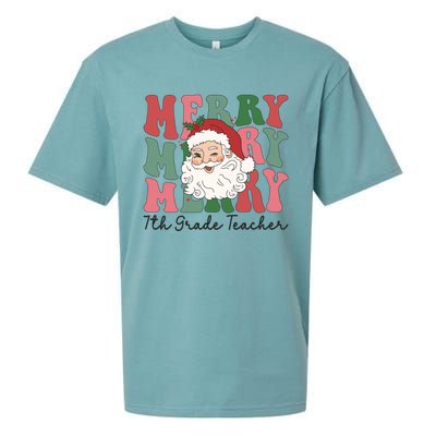 Merry 7th Grade Teacher Retro Groovy Santa Face Christmas Funny Gift Sueded Cloud Jersey T-Shirt