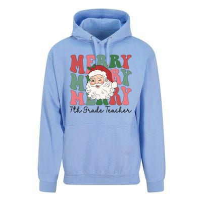 Merry 7th Grade Teacher Retro Groovy Santa Face Christmas Funny Gift Unisex Surf Hoodie