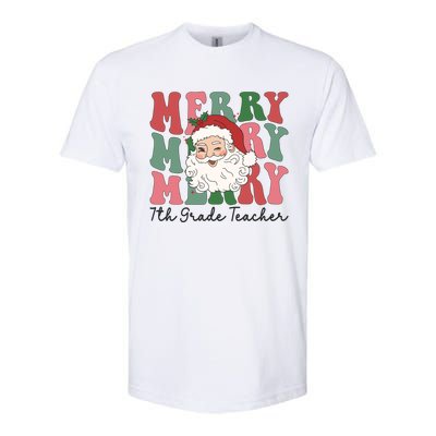 Merry 7th Grade Teacher Retro Groovy Santa Face Christmas Funny Gift Softstyle CVC T-Shirt