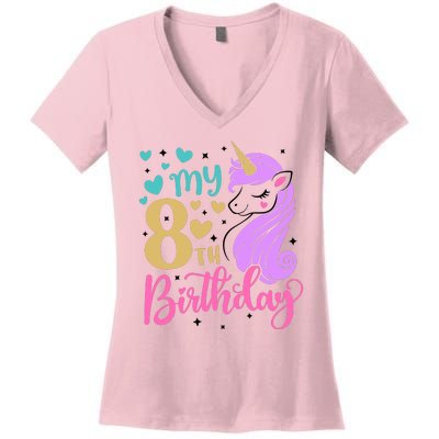 My 8th Birthday Eighth Bday Unicorn Birthday Birthday Girl Women's V-Neck T-Shirt