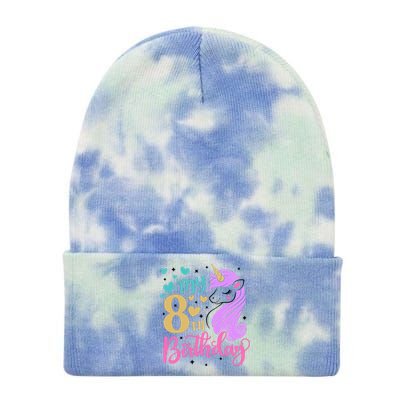 My 8th Birthday Eighth Bday Unicorn Birthday Birthday Girl Tie Dye 12in Knit Beanie