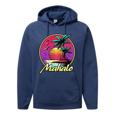 Mahalo. 80s Palm Sunset. Tropical Beach Summer Performance Fleece Hoodie