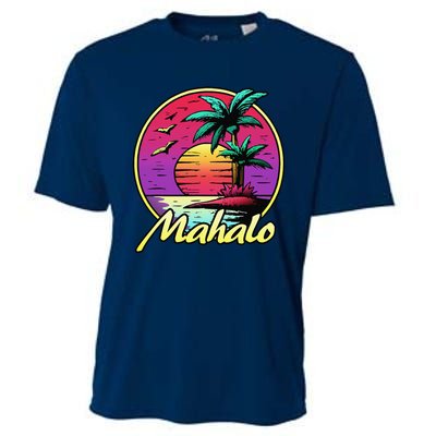 Mahalo. 80s Palm Sunset. Tropical Beach Summer Cooling Performance Crew T-Shirt