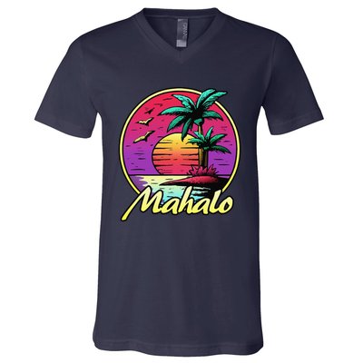 Mahalo. 80s Palm Sunset. Tropical Beach Summer V-Neck T-Shirt