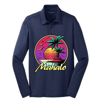 Mahalo. 80s Palm Sunset. Tropical Beach Summer Silk Touch Performance Long Sleeve Polo