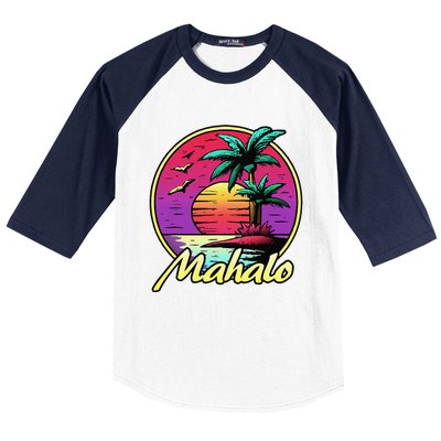 Mahalo. 80s Palm Sunset. Tropical Beach Summer Baseball Sleeve Shirt