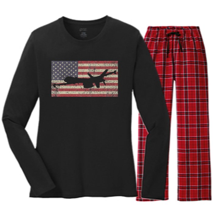 Mq 9 Reaper Guardian Uav Drone American Flag Women's Long Sleeve Flannel Pajama Set 