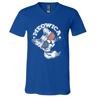 Meowica Americat 4th Of July American Flag Usa Cool Gift V-Neck T-Shirt