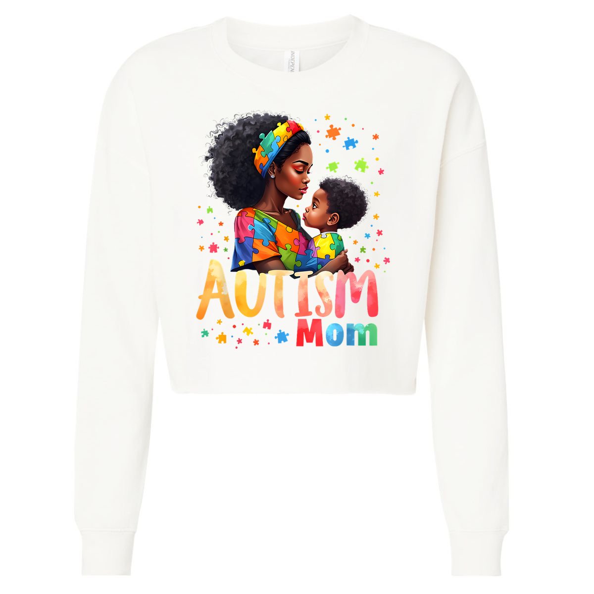 Mom Afro Autism Awareness Mama Black Autism Cropped Pullover Crew