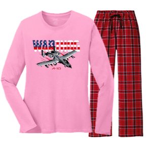 Military Airplane A10 Warthog American Flag Women's Long Sleeve Flannel Pajama Set 