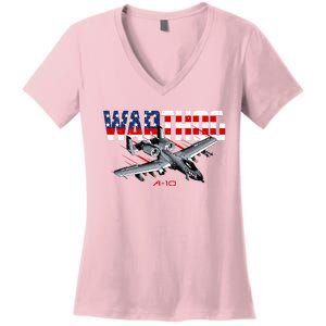 Military Airplane A10 Warthog American Flag Women's V-Neck T-Shirt