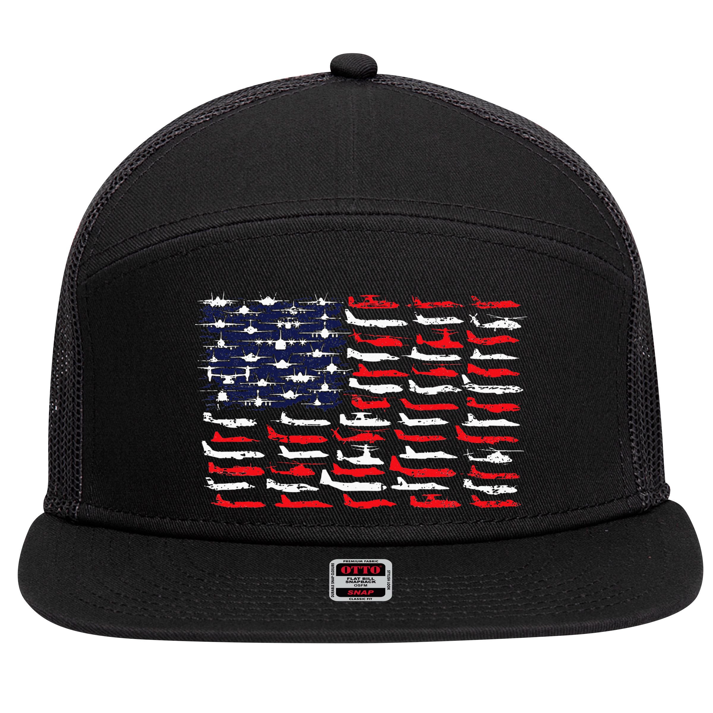 Military Aviation American Flag Aircraft Distressed Design 7 Panel Mesh Trucker Snapback Hat