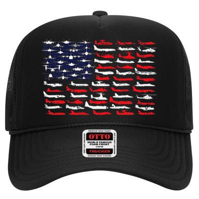 Military Aviation American Flag Aircraft Distressed Design High Crown Mesh Back Trucker Hat