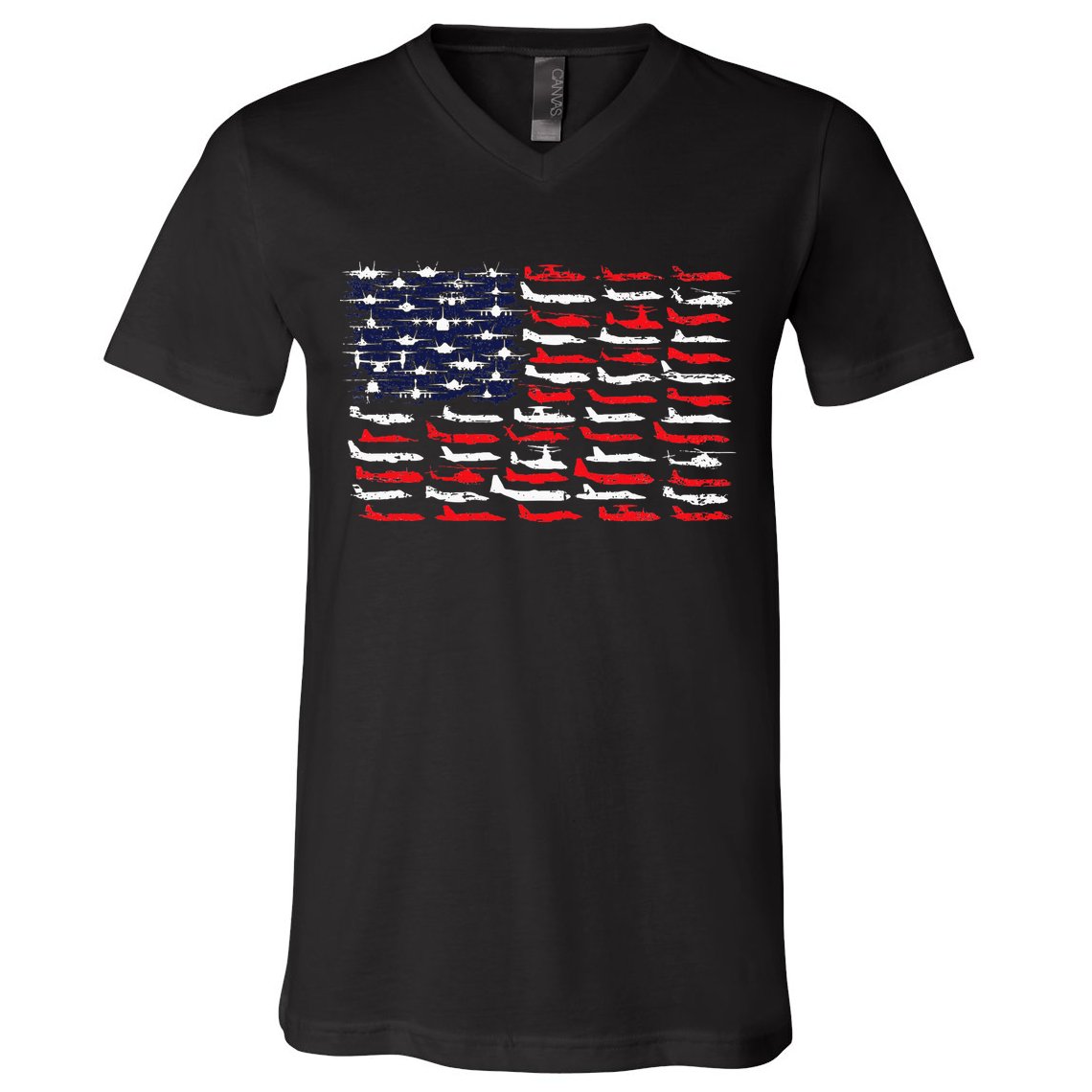 Military Aviation American Flag Aircraft Distressed Design V-Neck T-Shirt