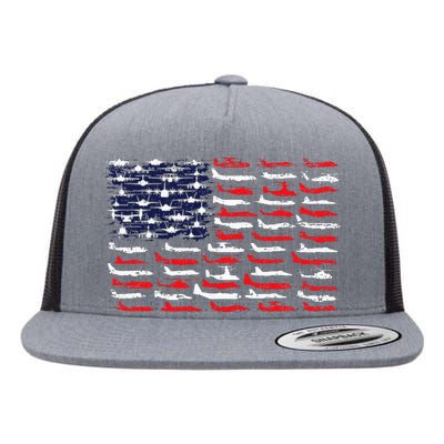 Military Aviation American Flag Aircraft Distressed Design Flat Bill Trucker Hat