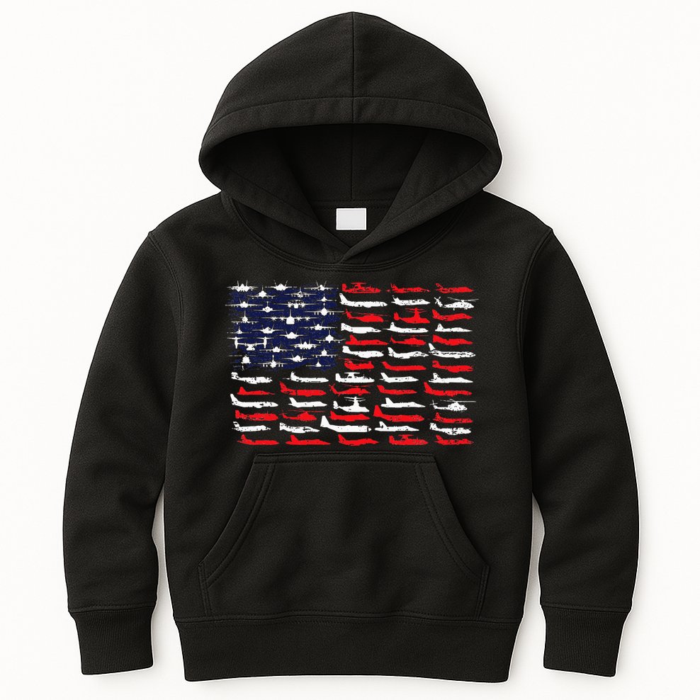 Military Aviation American Flag Aircraft Distressed Design Kids Hoodie
