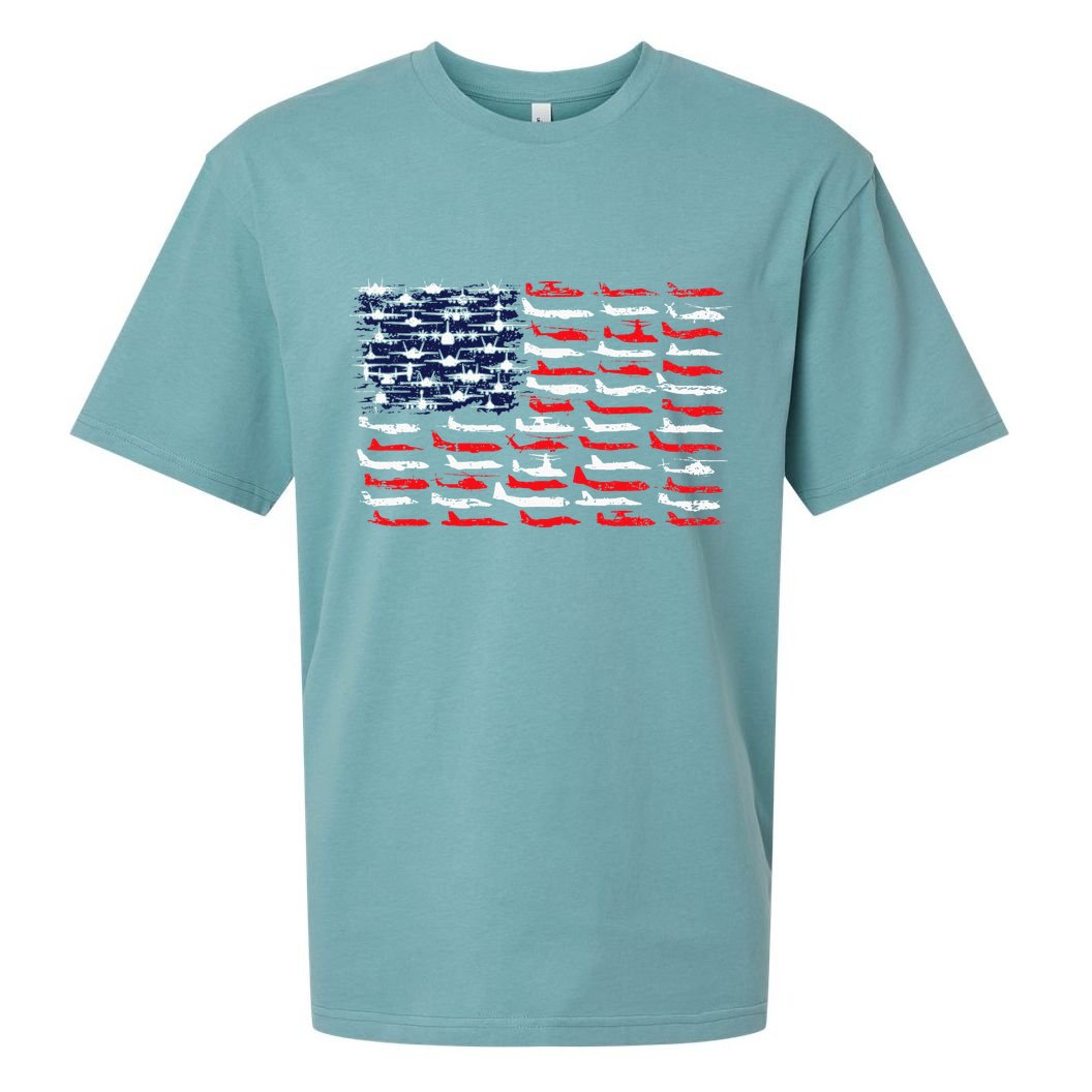 Military Aviation American Flag Aircraft Distressed Design Sueded Cloud Jersey T-Shirt