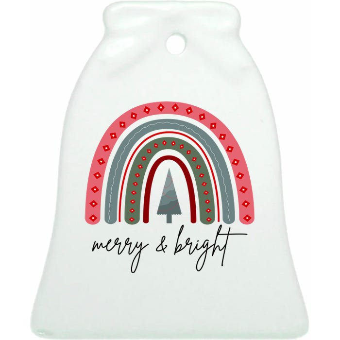 Merry And Bright Rainbow Holiday Ceramic Bell Ornament