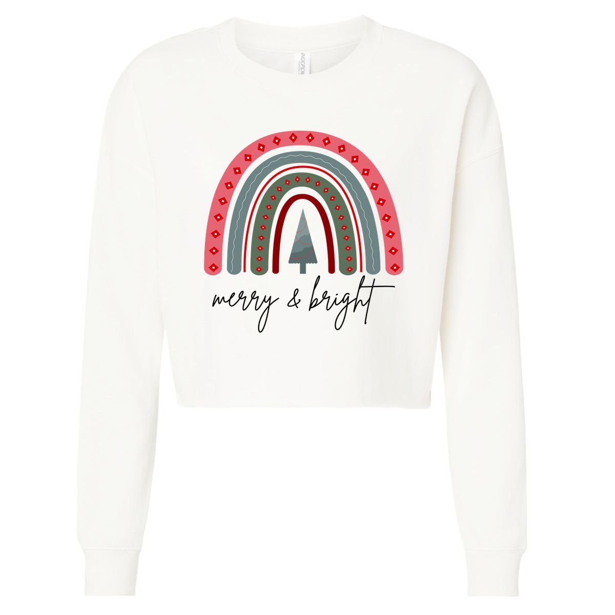 Merry And Bright Rainbow Holiday Cropped Pullover Crew