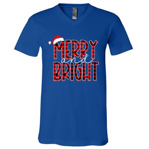 Merry and Bright Buffalo Plaid Red Santa Hat Christmas Xmas  V-Neck T-Shirt