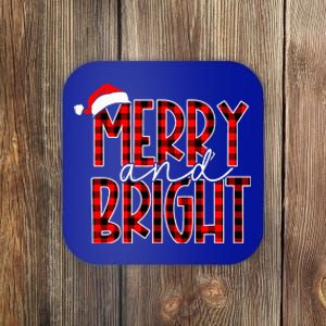 Merry and Bright Buffalo Plaid Red Santa Hat Christmas Xmas  Coaster