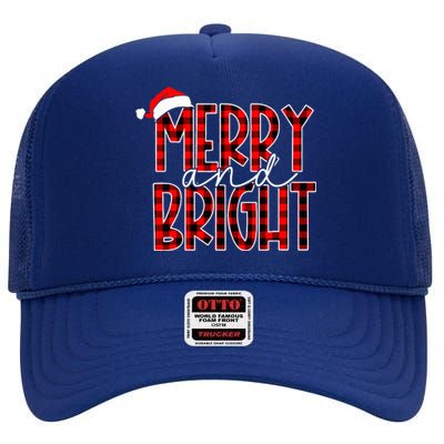 Merry and Bright Buffalo Plaid Red Santa Hat Christmas Xmas  High Crown Mesh Back Trucker Hat