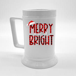 Merry and Bright Buffalo Plaid Red Santa Hat Christmas Xmas  Beer Stein