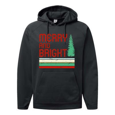 Merry And Bright Christmas Tree Xmas Holiday Retro Vintage Performance Fleece Hoodie