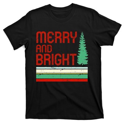 Merry And Bright Christmas Tree Xmas Holiday Retro Vintage T-Shirt