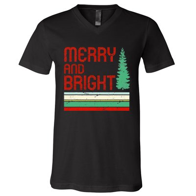 Merry And Bright Christmas Tree Xmas Holiday Retro Vintage V-Neck T-Shirt