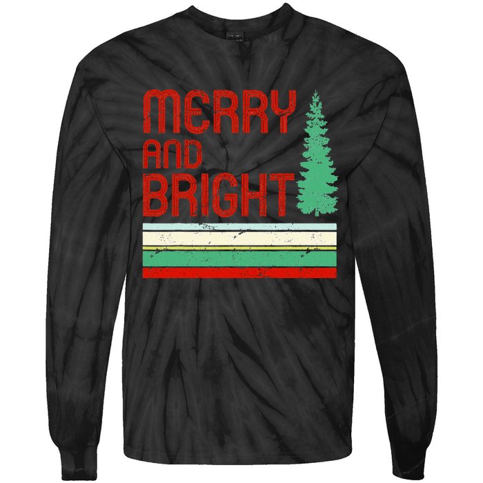 Merry And Bright Christmas Tree Xmas Holiday Retro Vintage Tie-Dye Long Sleeve Shirt