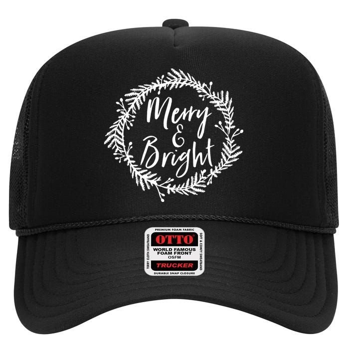 Merry And Bright Christmas Season Holiday Spirit High Crown Mesh Back Trucker Hat