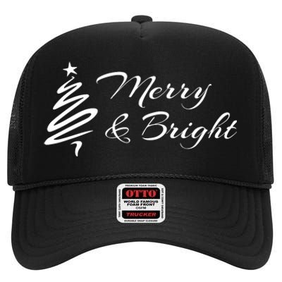 Merry And Bright Christmas Tree High Crown Mesh Back Trucker Hat