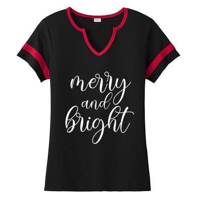 Merry And Bright Christmas Pajamas Outfit Funny Family Xmas Ladies Halftime Notch Neck Tee