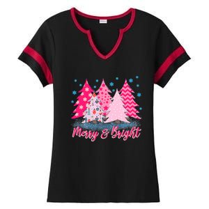 Merry And Bright Pink Christmas Tree Pink Christmas Costume Meaningful Gift Ladies Halftime Notch Neck Tee