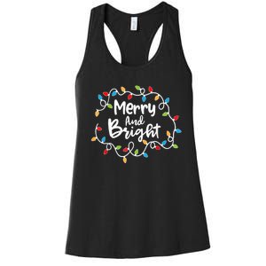 Merry And Bright Santa Christmas Xmas Lights Pajamas Holiday Women's Racerback Tank