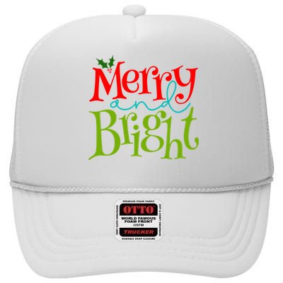 Merry And Bright Christmas Holiday Festive High Crown Mesh Back Trucker Hat