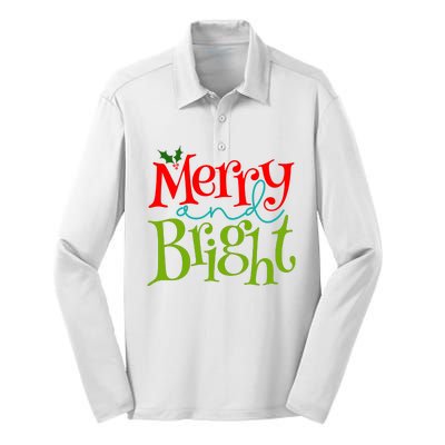 Merry And Bright Christmas Holiday Festive Silk Touch Performance Long Sleeve Polo