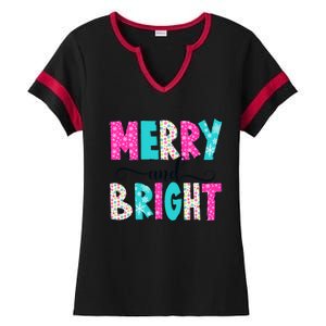 Merry And Bright Christmas Cute Family Xmas Holiday Ladies Halftime Notch Neck Tee