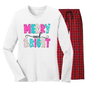 Merry And Bright Christmas Cute Family Xmas Holiday Women's Long Sleeve Flannel Pajama Set 