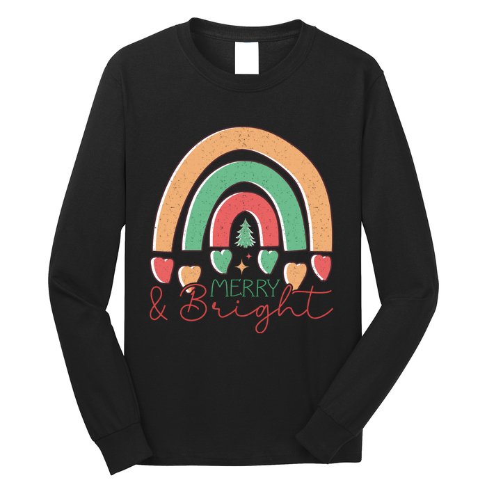 Merry And Bright Rainbow Holiday Graphic Long Sleeve Shirt