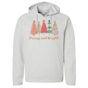 Merry And Bright Png Retro Christmas Tree Pink Performance Fleece Hoodie