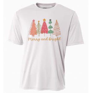 Merry And Bright Png Retro Christmas Tree Pink Cooling Performance Crew T-Shirt